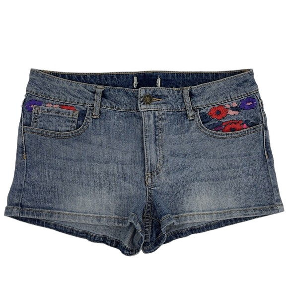 Forever 21 Womens Mid Rise Denim Blue Jean Shortie Shorts Floral Embroidered 0/2 - Picture 1 of 7